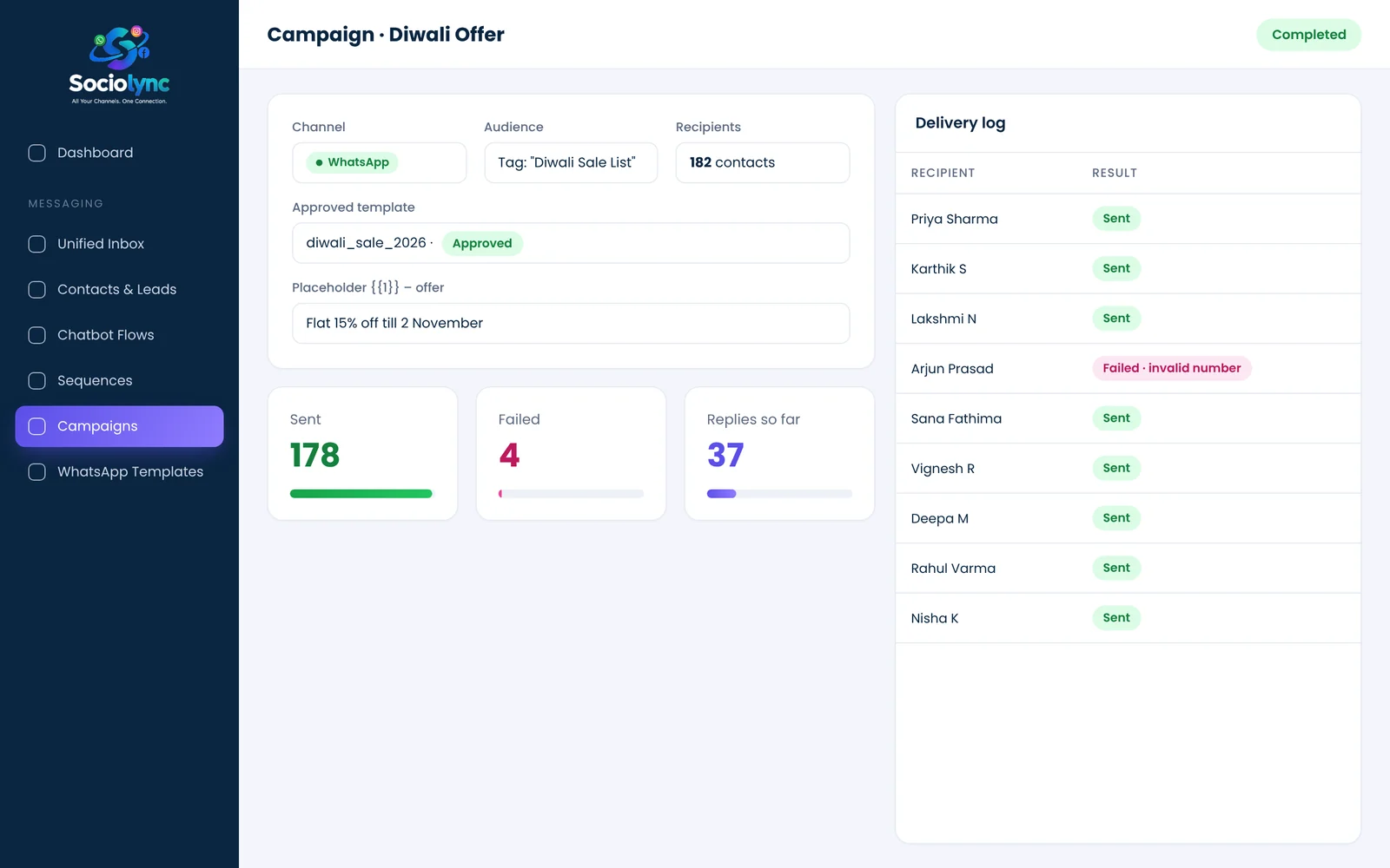 Bulk Messaging screen in Sociolync