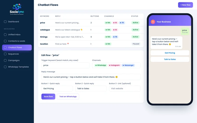 Chatbot Flows screen in Sociolync