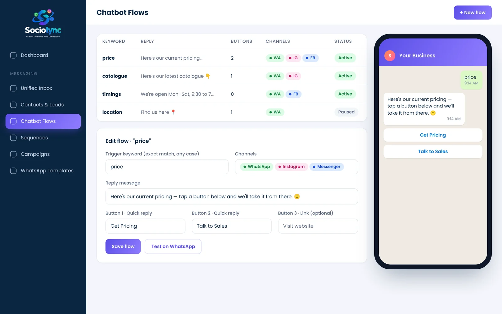 Chatbot Flows screen in Sociolync