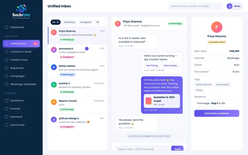 Unified Inbox screen in Sociolync