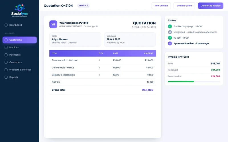 Quotations & Invoicing screen in Sociolync