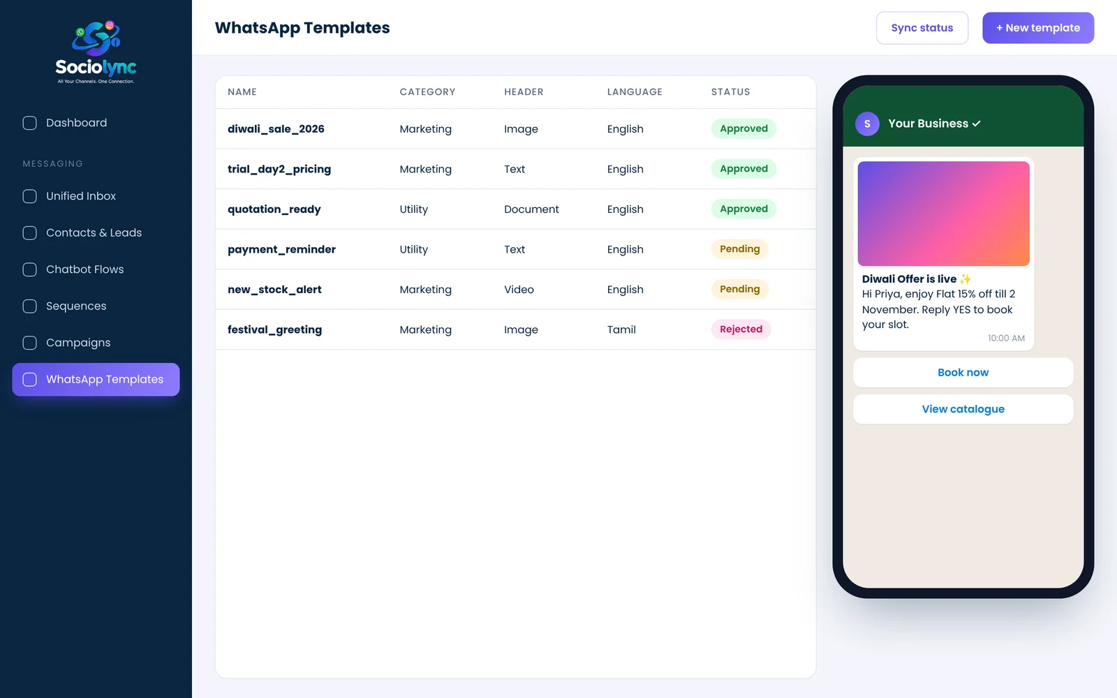 WhatsApp Templates screen in Sociolync